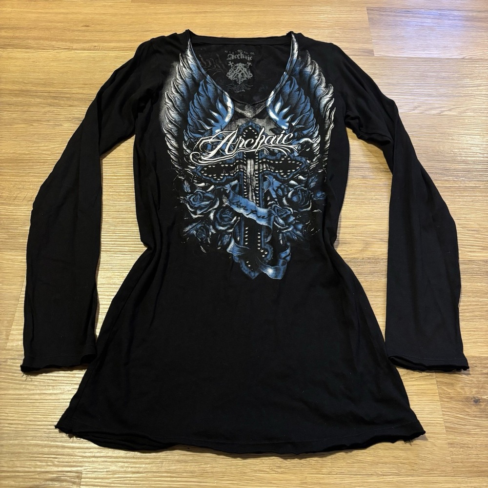 Archaic By Affliction "Rosemary" T-Shirt XL Black Y2K Grunge V-Neck Long Sleeve